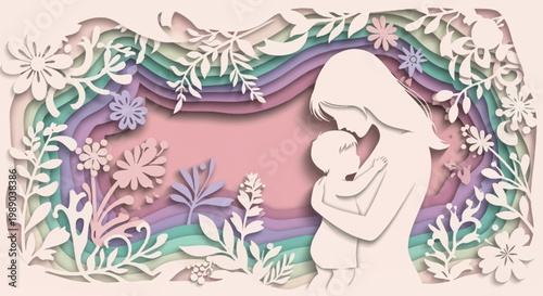 A tender silhouette of a mother holding her baby, surrounded by delicate paper-cut flowers and foliage in pastel colors.