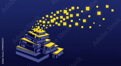 A stack of books transforms into a stream of yellow squares ascending into a dark blue sky, symbolizing knowledge and data.