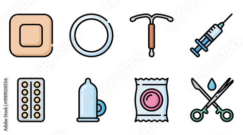 Set of contraception colored flat icons. Birth control methods. Contraceptive patch, ring, IUD, injection, hormonal pills, male and female condom, sterilization. Collection of safe sex vector elements