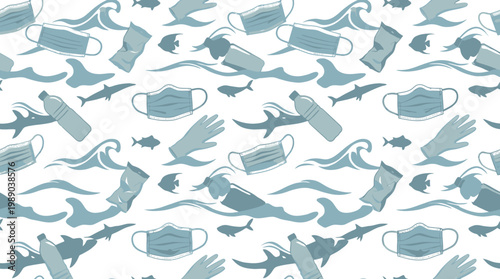 Vector Covid Coronavirus Waste Seamless Pattern. Plastic pollution on white background. Environmental issue or ecology problem of marine rubbish, latex gloves, face masks in sea illustration