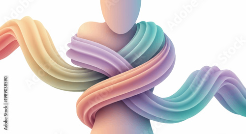 Abstract representation of a human figure intertwined with a flowing, colorful ribbon of pastel hues.