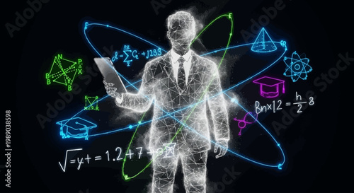 A glowing, wireframe figure of a man in a suit surrounded by scientific symbols and equations.
