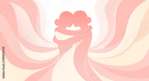 Two abstract figures embracing in a warm, swirling pink and peach background, symbolizing love and connection.