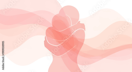 Abstract illustration of two figures embracing with warmth and connection in soft pink hues.