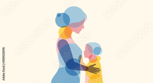 A stylized illustration of a mother embracing her child, depicted with overlapping translucent shapes in blue, orange, and yellow, conveying warmth and connection.