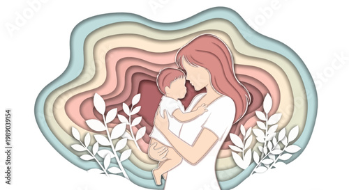 A paper-cut illustration of a mother embracing her child, surrounded by delicate pastel flowers and leaves, celebrating maternal love and springtime.