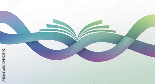 Abstract illustration of an open book with fanned pages, intertwined with flowing, colorful ribbon-like waves on a white background.