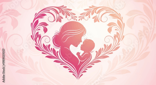 A loving silhouette of a mother embracing her baby within a decorative floral heart, symbolizing maternal love and care.