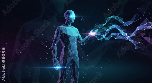 A futuristic digital human figure interacting with glowing data streams and abstract geometric particles in a dark, technological environment.