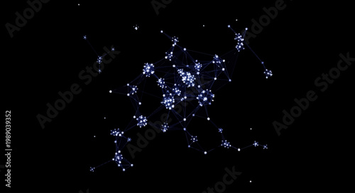Abstract digital network of glowing blue-white interconnected nodes on a dark background.