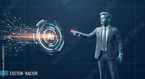 A futuristic businessman interacts with an artificial intelligence interface, symbolizing innovation and digital transformation in a high-tech environment.