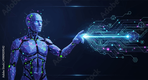 A futuristic humanoid robot with glowing blue and green lights interacting with a digital data stream and circuit board patterns on a dark blue background.