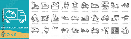 Fresh Food Delivery icon set. Fresh Grocery, Healthy Meal, Organic Food, Fresh Produce Service, Online Grocery, Local Food, Farm Fresh, Fresh Market Service, Food Service and Fresh Basket