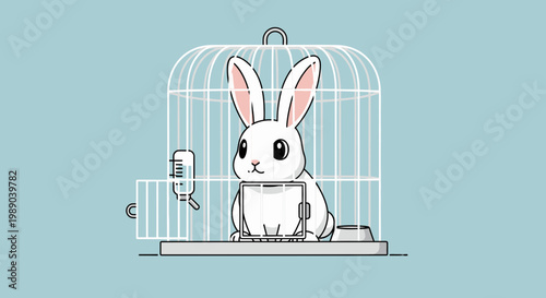 Cute white rabbit in cage.