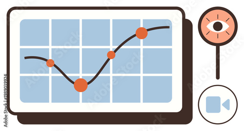 Business analytics, performance tracking, video monitoring, data visualization, market trends, surveillance. A line chart on a screen with observation and video icons. Business analytics