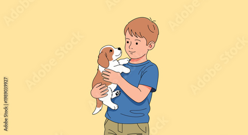 Boy holding a cute brown dog.