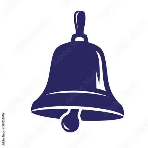 Dark blue bell on white background, with shiny metallic appearance navy blue