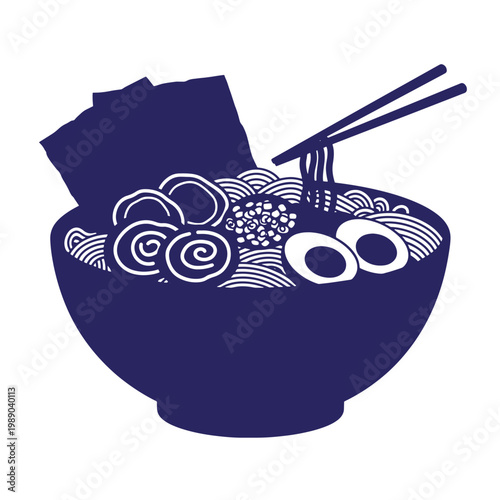 Dark blue bowl of ramen noodles with chopsticks and boiled egg on white background