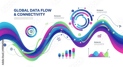 Global data flow and connectivity are represented in a modern business infographic vector with statistics, graphs, and charts, showcasing the visual patterns of research and reports