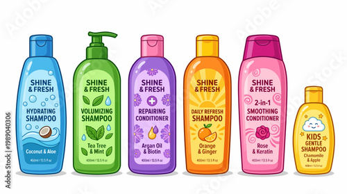 Set of hair care products featuring colorful shampoo and conditioner bottles with soap bubbles