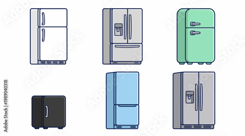 Collection of modern and vintage refrigerator types including French door and mini fridge models