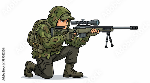 Crouching military sniper in ghillie suit aiming a high-precision rifle with scope