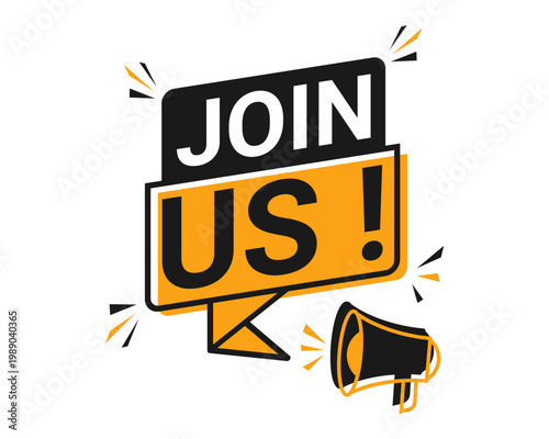 A colorful illustration of a megaphone announcing an event to join us.