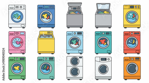 Collection of various colorful cartoon washing machines including front-load and top-load models isolated on white background