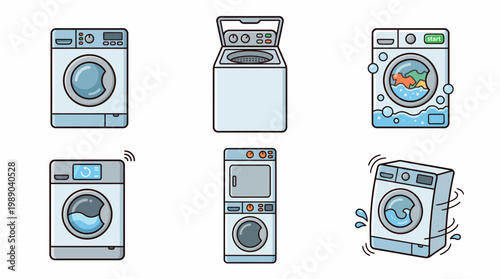 Set of various cartoon washing machine icons including front-load, top-load, and stacked dryer units isolated on white background