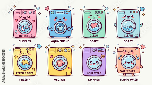 Set of cute kawaii washing machine characters with happy faces and colorful laundry icons isolated on white background