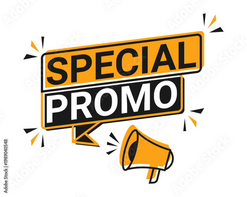 A promotional announcement with a megaphone and special promo text