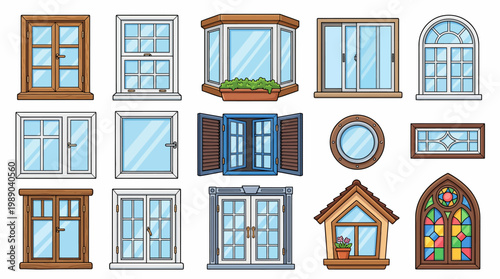 Collection of various cartoon window styles including wooden frames, bay windows, shutters, and stained glass isolated on white background
