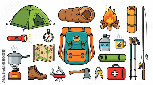Comprehensive camping and outdoor adventure equipment set featuring tent backpack hiking gear and survival tools in flat cartoon style