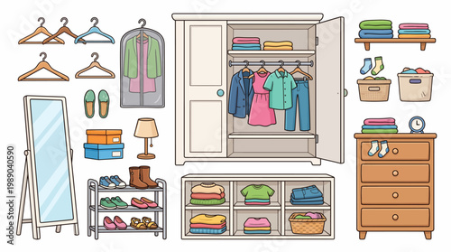 Complete set of cartoon wardrobe furniture and clothing organization elements including closet, dresser, mirror, and shoe rack isolated on white background