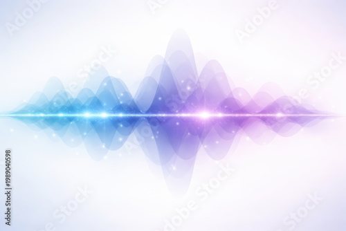 Abstract sound wave visualization with glowing blue and purple gradient on white background
