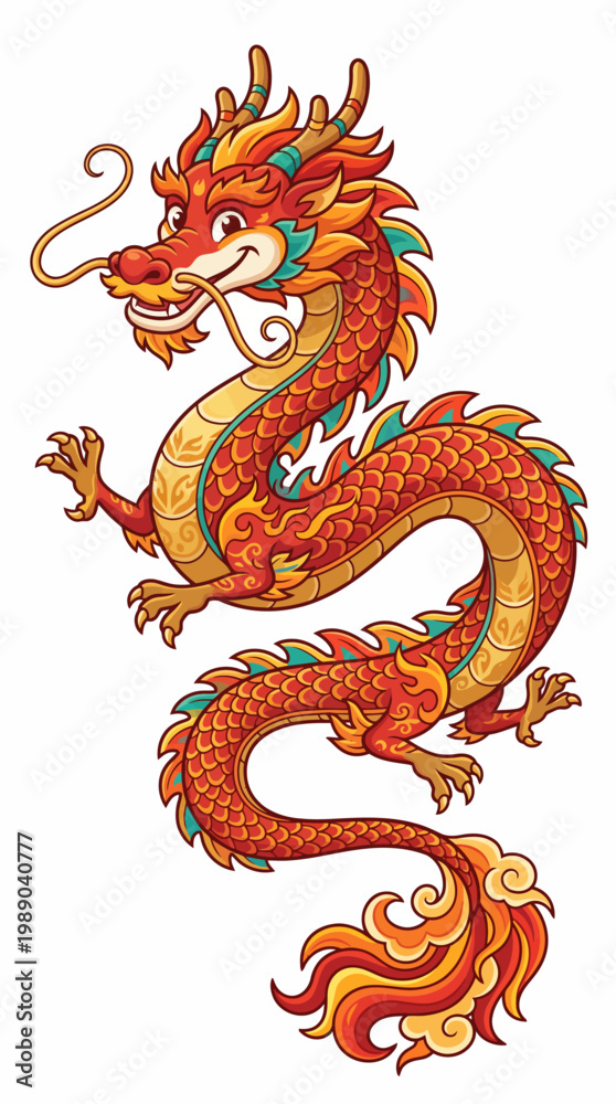 Fototapeta premium Majestic red Chinese dragon vector illustration in traditional cartoon style