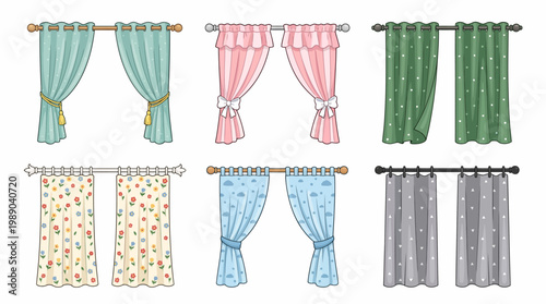 Set of various decorative window curtains and drapes vector illustrations