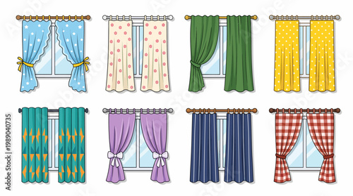 Collection of window curtains and drapes with various patterns for interior design