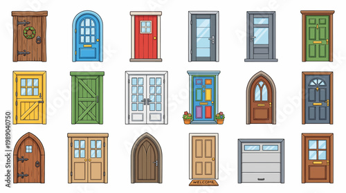 Variety of front door and entryway vector icons in different architectural styles