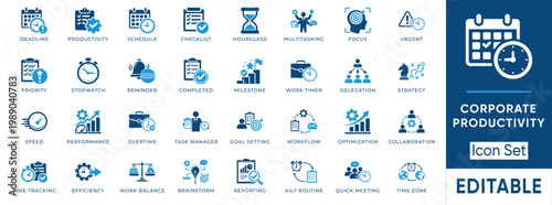 Corporate productivity icon set. Containing time management, schedule, deadline, efficiency, workflow, strategy and more. Solid vector icons collection.