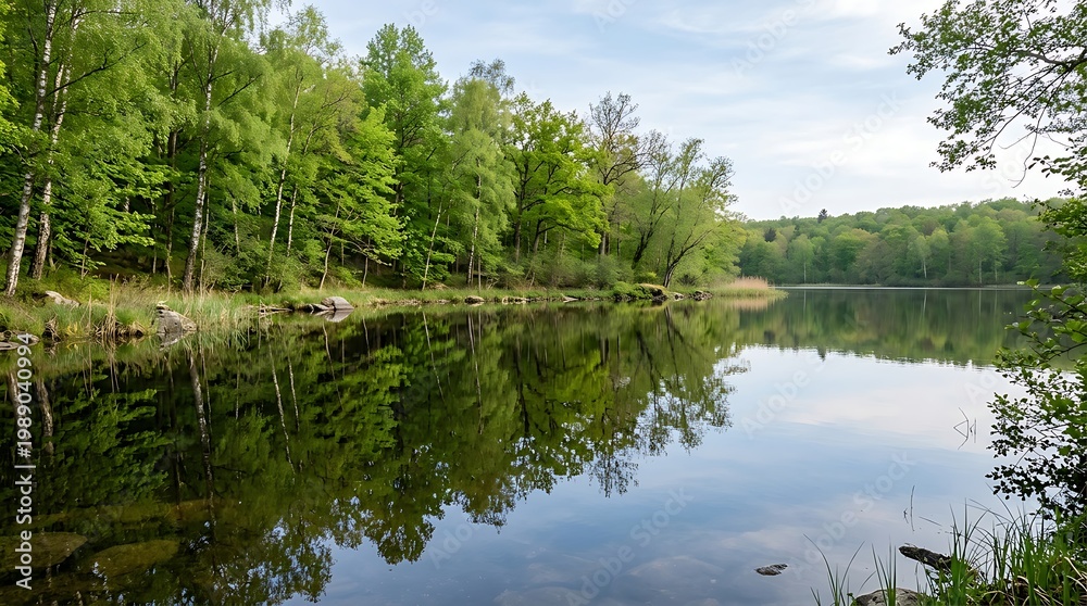 Obraz premium Serene lake scene with trees reflecting on calm water surface on shoreline