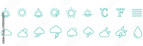 Weather icons set.  Weather Solid Icons for Forecast and Meteorology featuring Sun Rain Cloud Snow Storm Temperature Wind Moon Climate