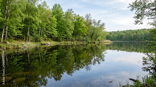 Serene lake scene with trees reflecting on calm water surface on shoreline
