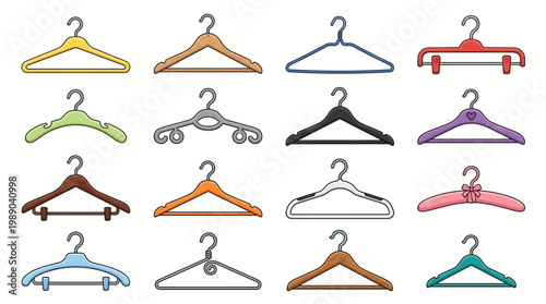 Large set of assorted clothes hanger vector icons in various cartoon styles