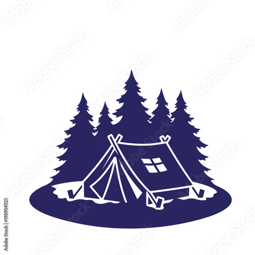 Dark blue silhouette of a tent in a forest, white outline, black background, not visible trees camping