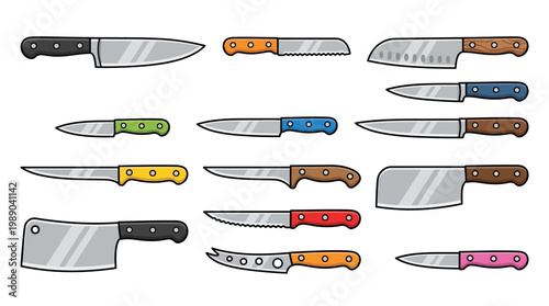 Diverse set of professional kitchen knives and meat cleavers with colorful handles