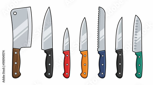 Variety of professional kitchen knives and meat cleaver set for culinary preparation
