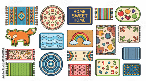 Assorted household rug and floor mat collection in various patterns and shapes
