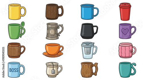Large collection of various mug and cup designs including ceramic wooden travel and decorative styles in cartoon illustration