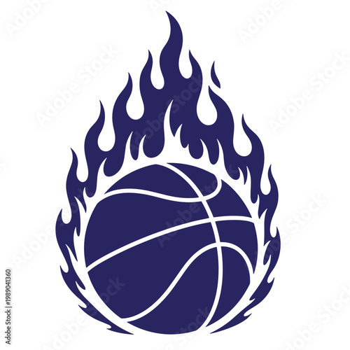 Navy blue basketball engulfed in white outlined flames on white background, sports